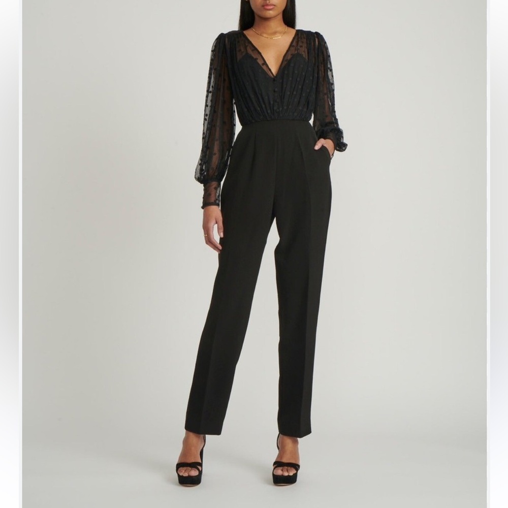 Saloni jumpsuit Black chiffon black Dot Sheer Sleeve V Neck Evening Party sz 8